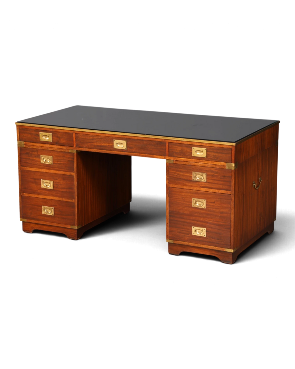 Prachtvoller Maritimer Schreibtisch Englischer Military Chest Bürotisch Glasplatte Office Table echt Lederauflage