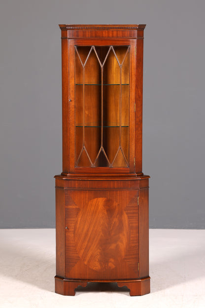 G028 Finish cm Wunderschöne Englische Eckvitrine Mahagoni Antik 60s echt Holz Schrank Eckschrank Glasvitrine