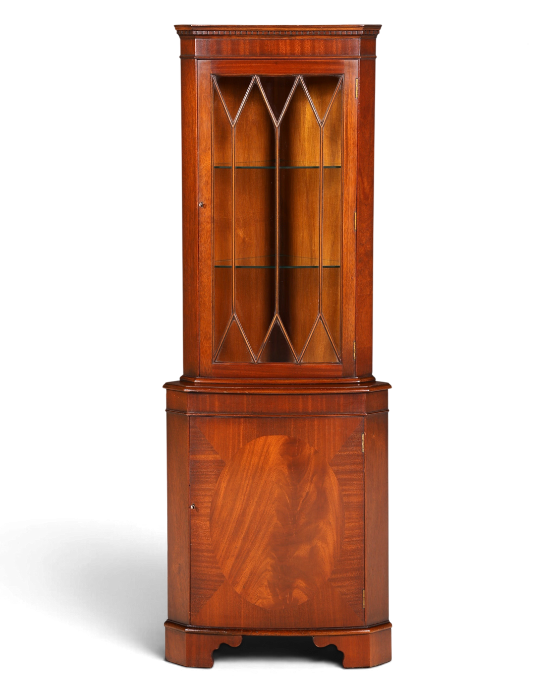 G028 Finish cm Wunderschöne Englische Eckvitrine Mahagoni Antik 60s echt Holz Schrank Eckschrank Glasvitrine