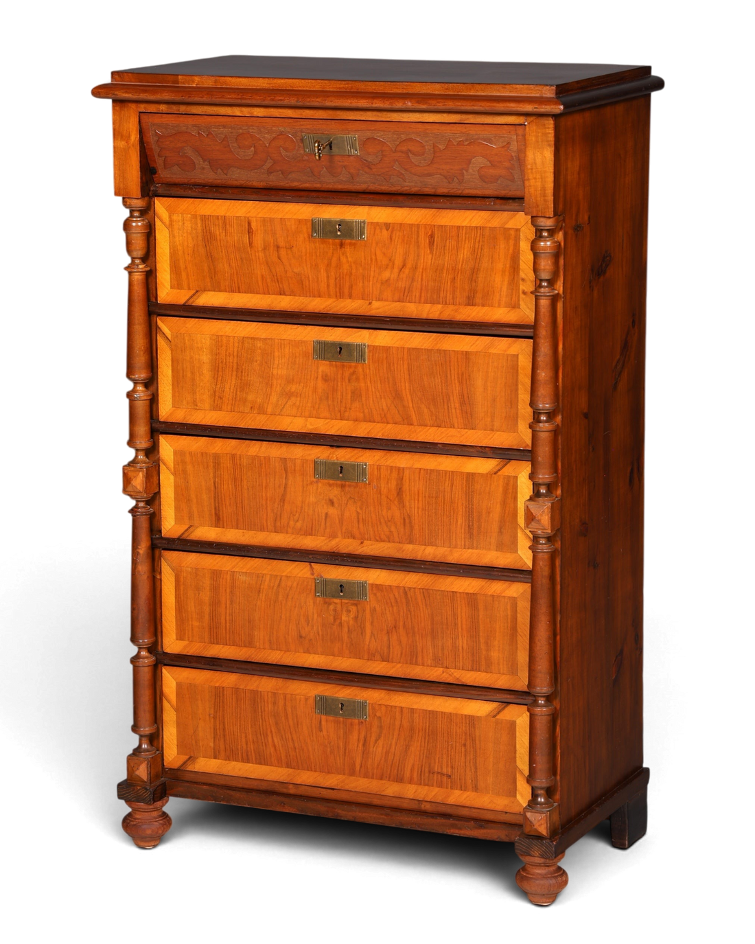 Hauptstadt Möblerei Gründerzeit Chiffoniere aus Echtholz mit fünf Schubladen und feinen Jugendstil-Verzierungen