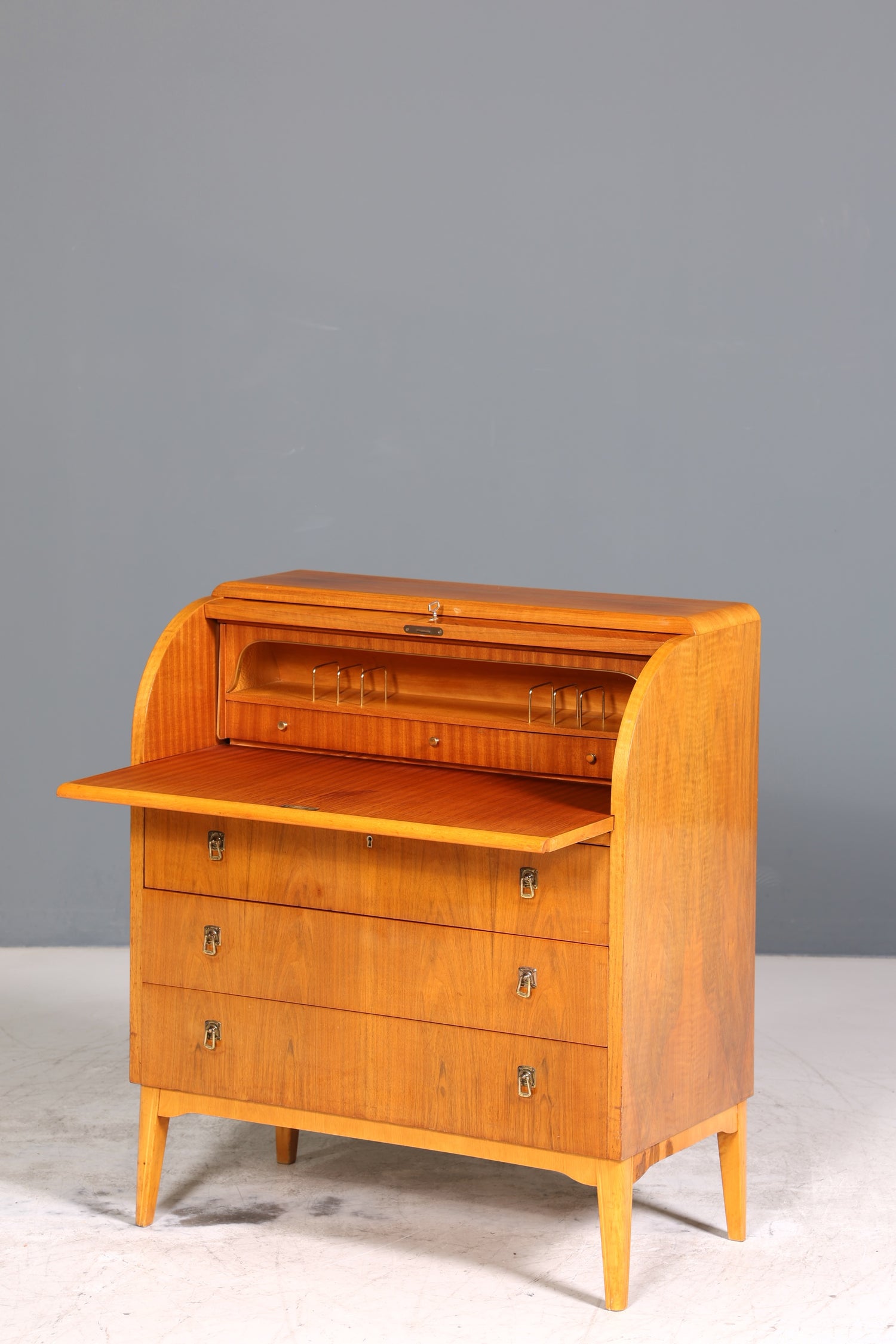 Schlichter Mid Century Rollladen Sekretär echt Holz Büro Schrank Vintage Schreibkommode