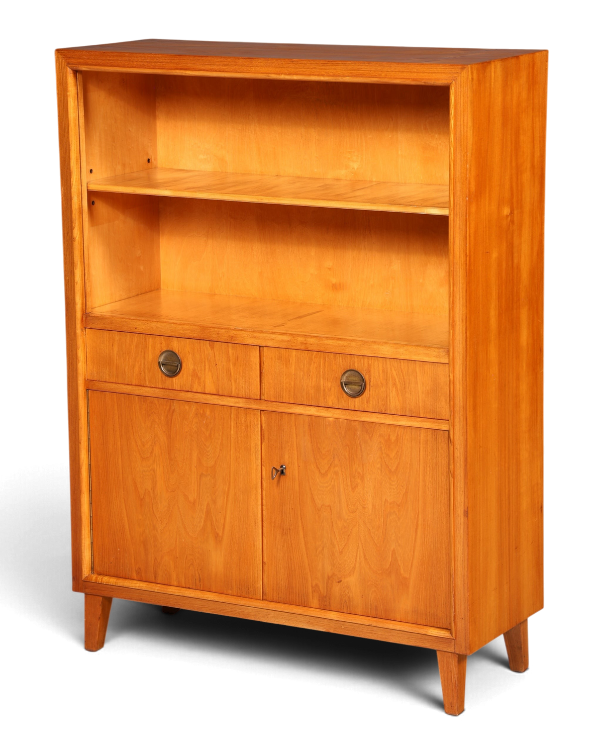 Hauptstadt Möblerei H936 Vintage-Regalschrank aus hellem Holz mit zwei Schubladen und Schranktüren