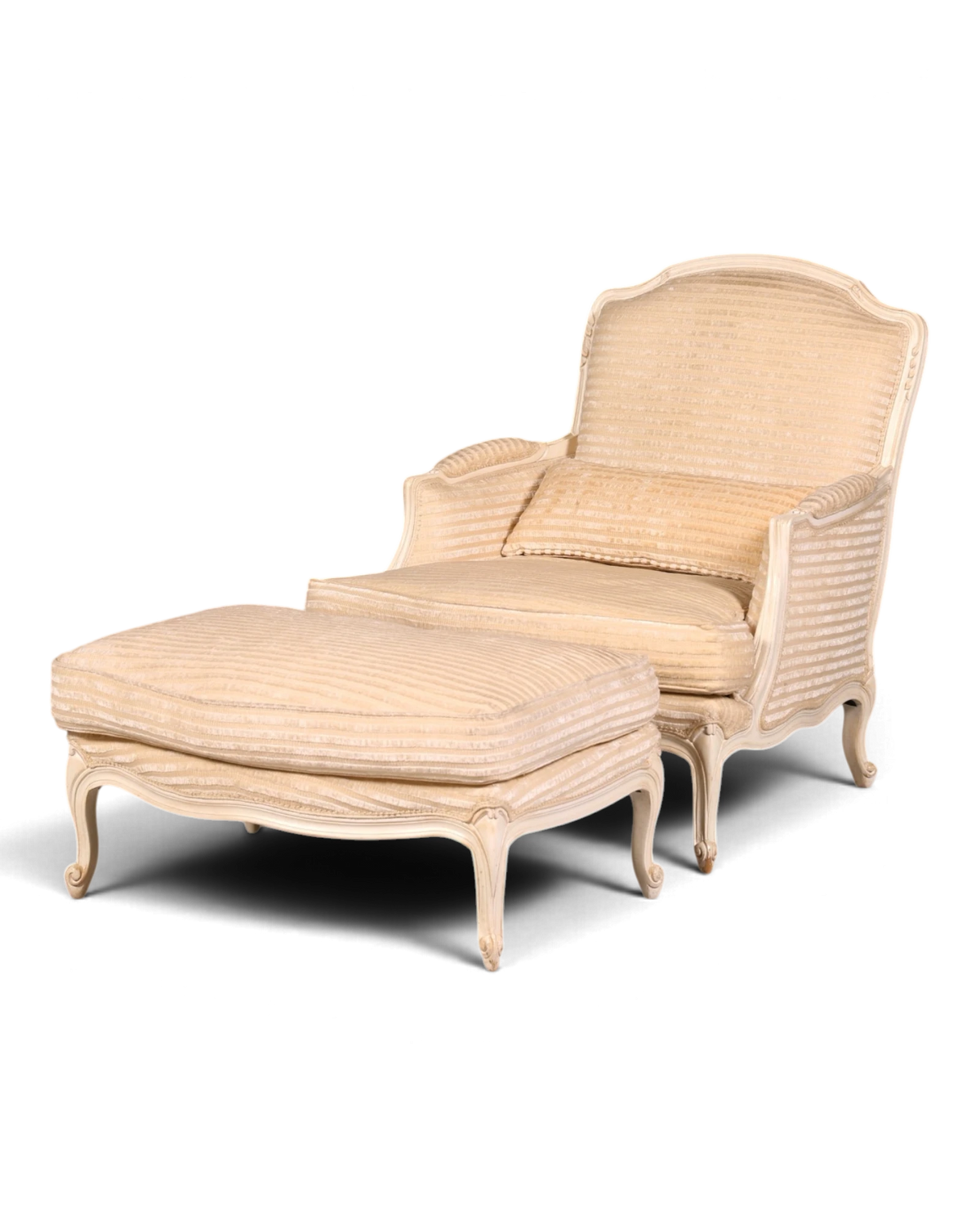 Elegant Louis XV style armchair with ottoman Bergère Baroque style upholstered chair French style footstool