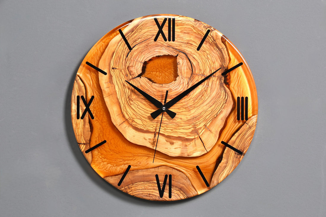Wunderschöne Handgefertigte Epoxidharz Wanduhr Olivenbaum Uhr Terracotta Epoxy Analog Uhr
