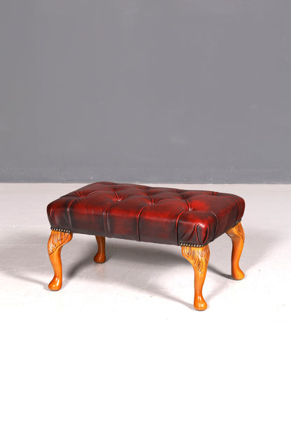 Original Chesterfield Hocker Echt Leder Englischer Fußhocker UK Englisch Oxblood Fußablage Antik