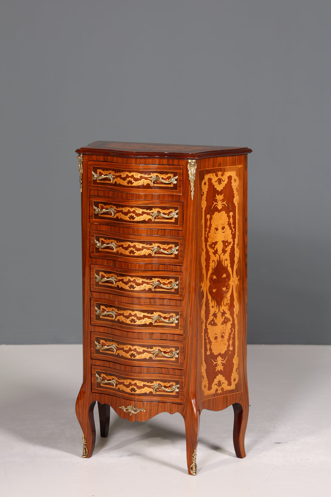 Traumhaftes Barock Stil Louis XV Highboard Intarsien Vertiko Kommode Schubladenkommode