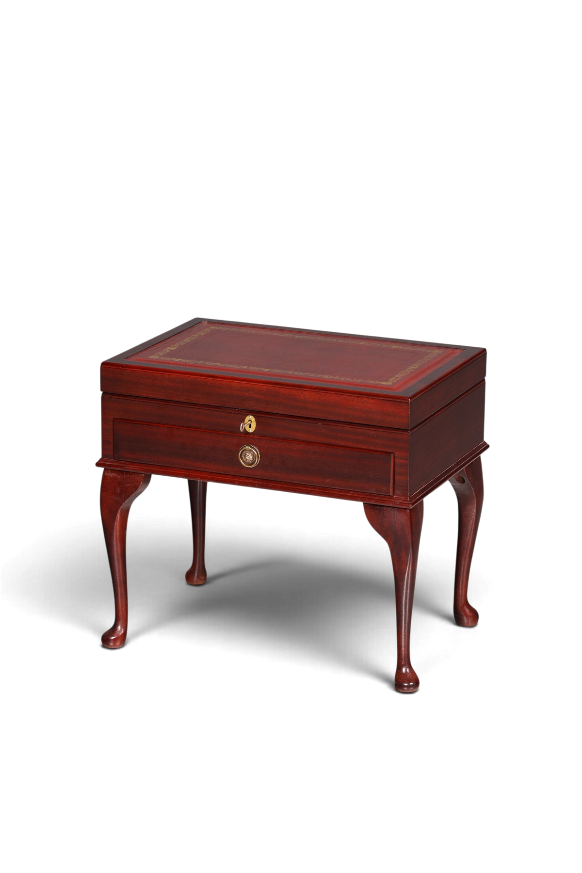 Hauptstadt Möblerei englischer Besteckkasten aus Mahagoni mit roter Echtlederauflage, Goldprägung und Schublade