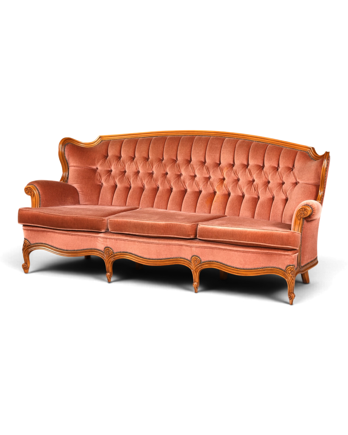 Hauptstadt Möblerei Chippendale 3-Sitzer Sofa in Barock-Stil mit rosafarbenem Samtbezug und Holzrahmen