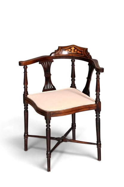 Hauptstadt Möblerei antiker Edwardian Eckstuhl aus dunklem Holz mit Intarsien und gepolsterter Sitzfläche