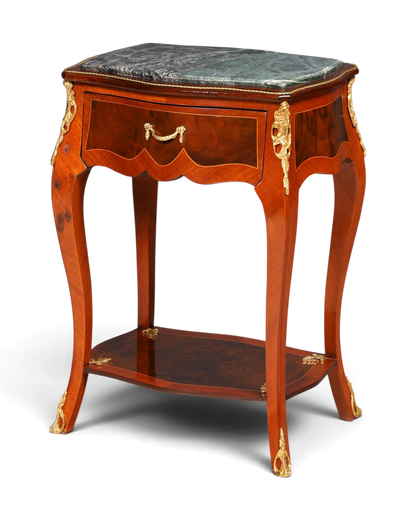 Hauptstadt Möblerei Louis XV Beistelltisch aus Holz mit Marmorplatte, Messingverzierungen und Intarsien im Barockstil