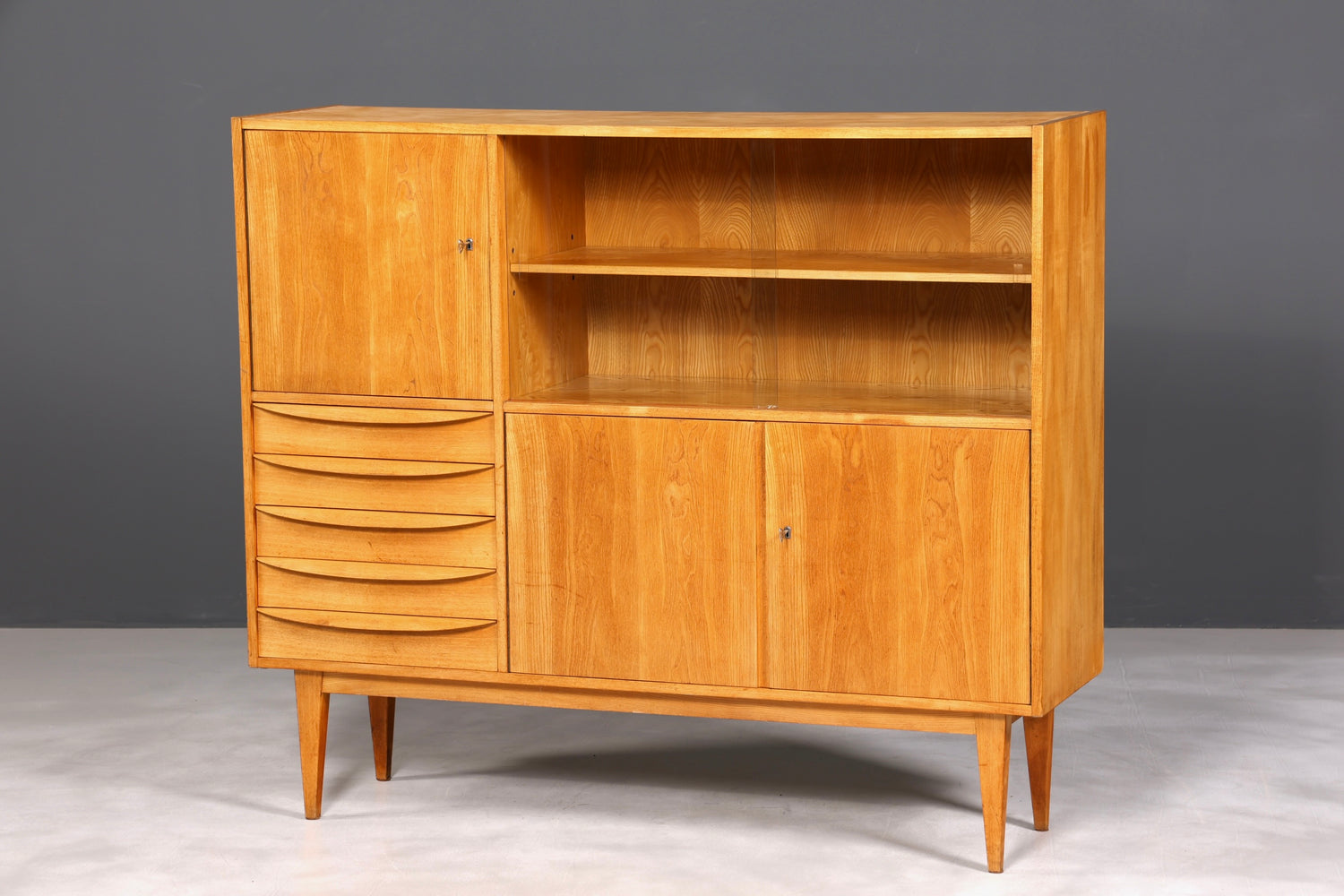 F891 Finish cm Traumhafter Mid Century Highboard Retro Vitrine 60er Jahre Schrank Kommode
