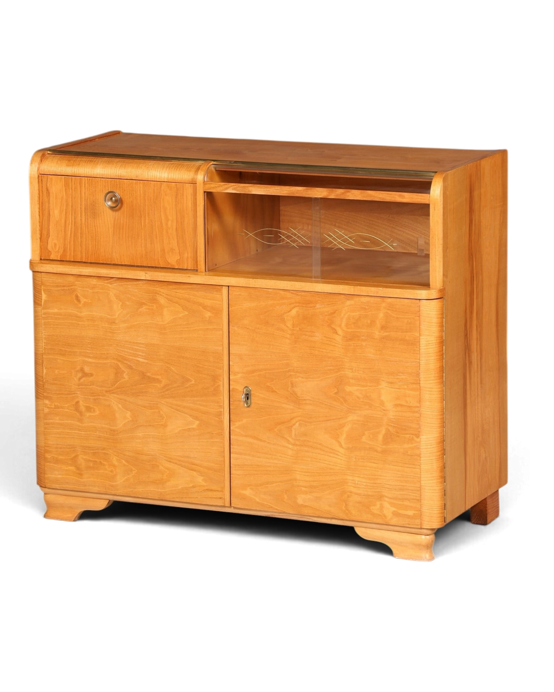 Hauptstadt Möblerei Mid Century Kommode aus Teakholz mit Art Deco Elementen, Schublade und verglastem Fach