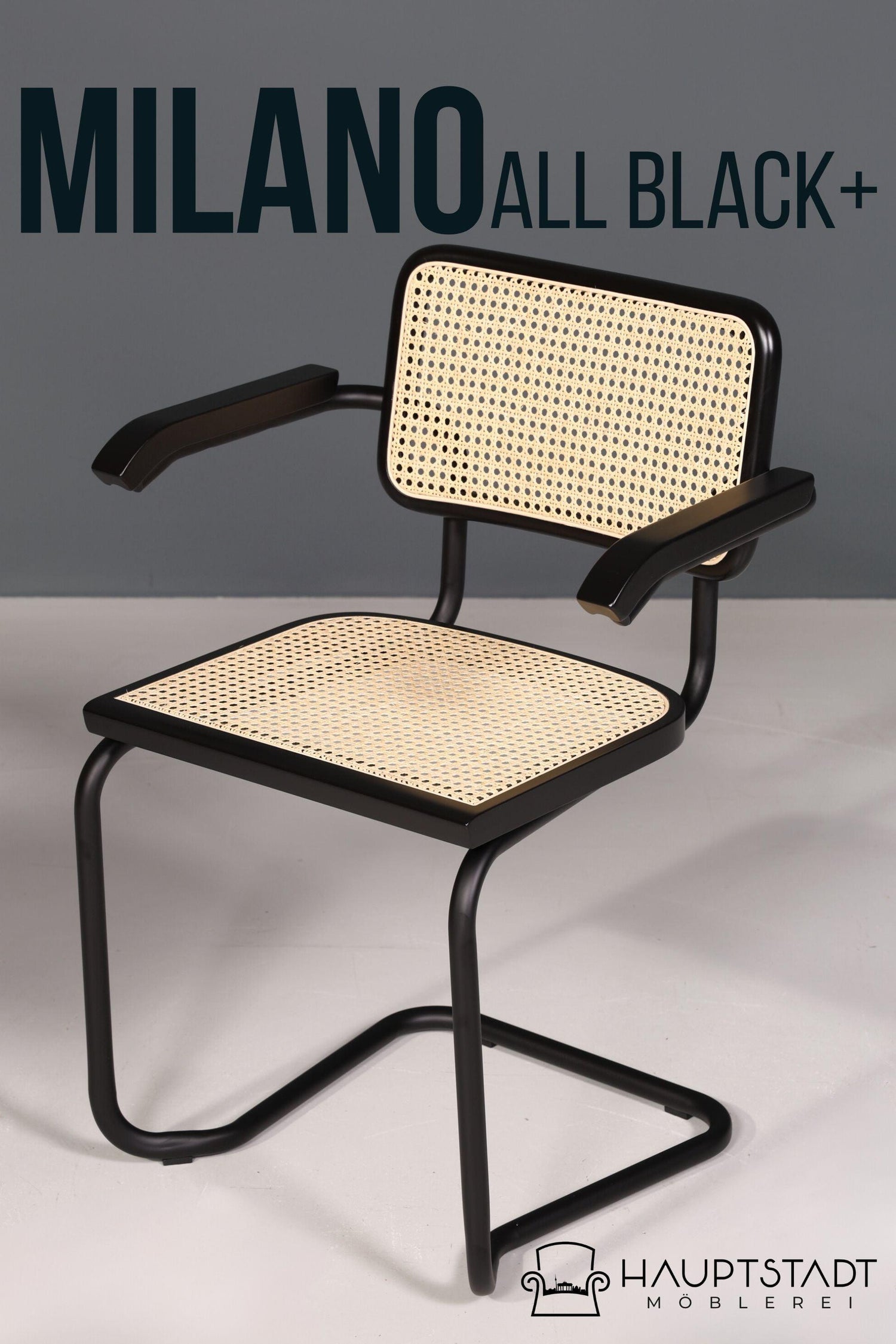 Freischwinger Armlehnstuhl &quot;Milano&quot; Made in Italy Schwarz Korbgeflecht Stuhl Wippstuhl Sekretär Stuhl Küchenstuhl