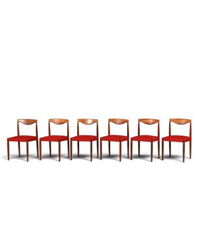 Hauptstadt Möblerei 6er-Set Bambi Stühle aus Holz mit rotem Stoffbezug im Mid-Century Design