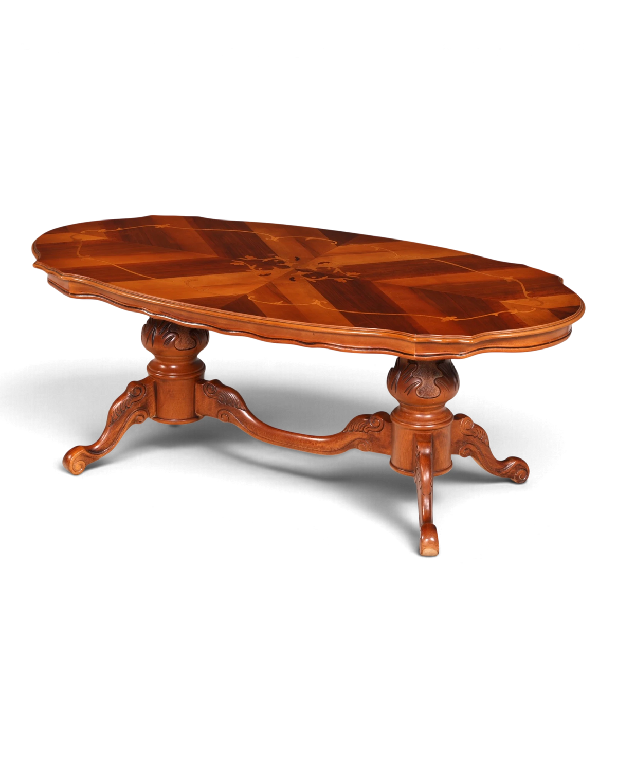 Stunning Baroque-Style Oval Coffee Table with Inlays, Carved Solid Wood Living Room Table