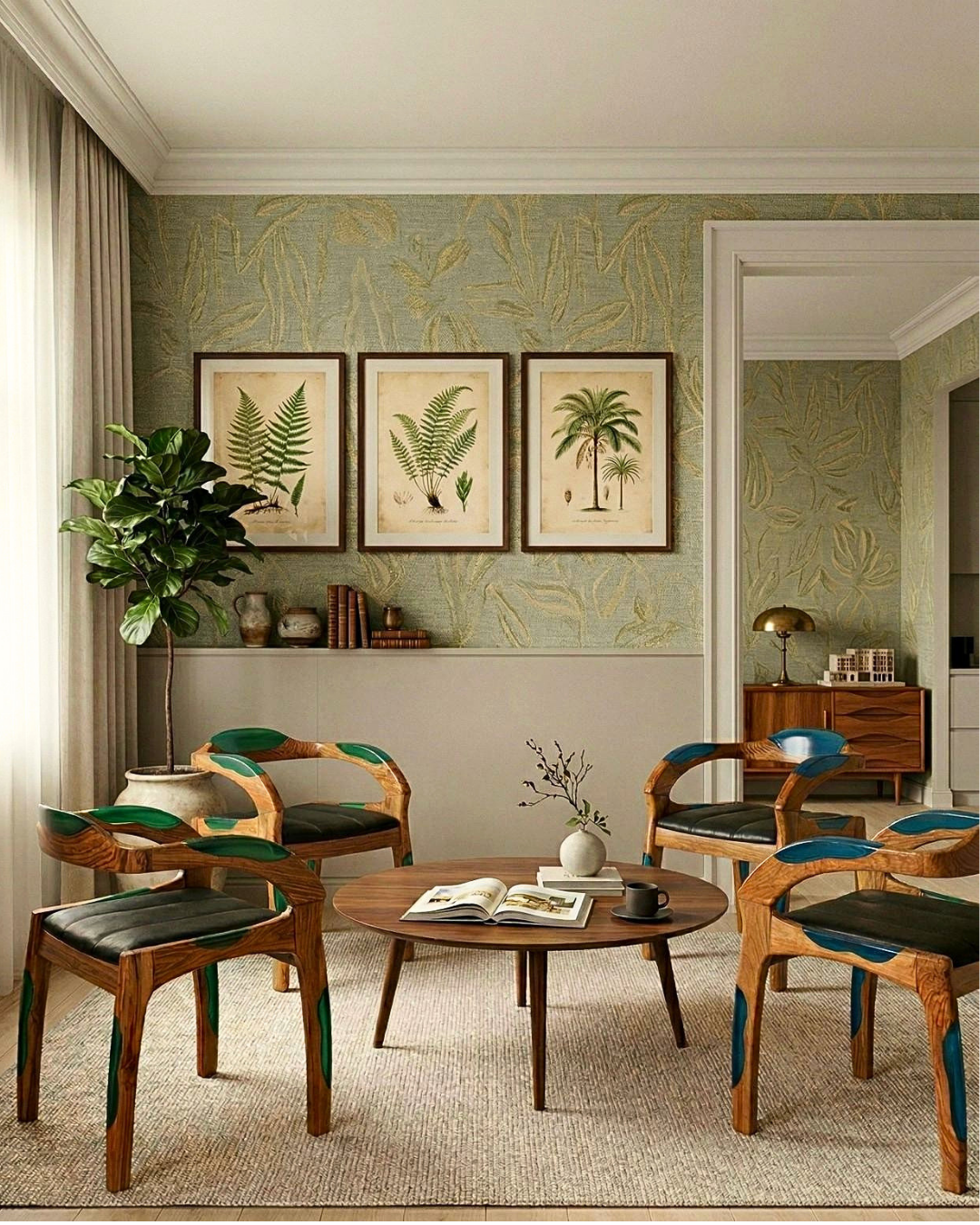 Epoxy Sessel "Arnson Plus Green" Epoxidharz Armlehnsessel Massiv Holz Stuhl Nussbaum Sekretär Stuhl