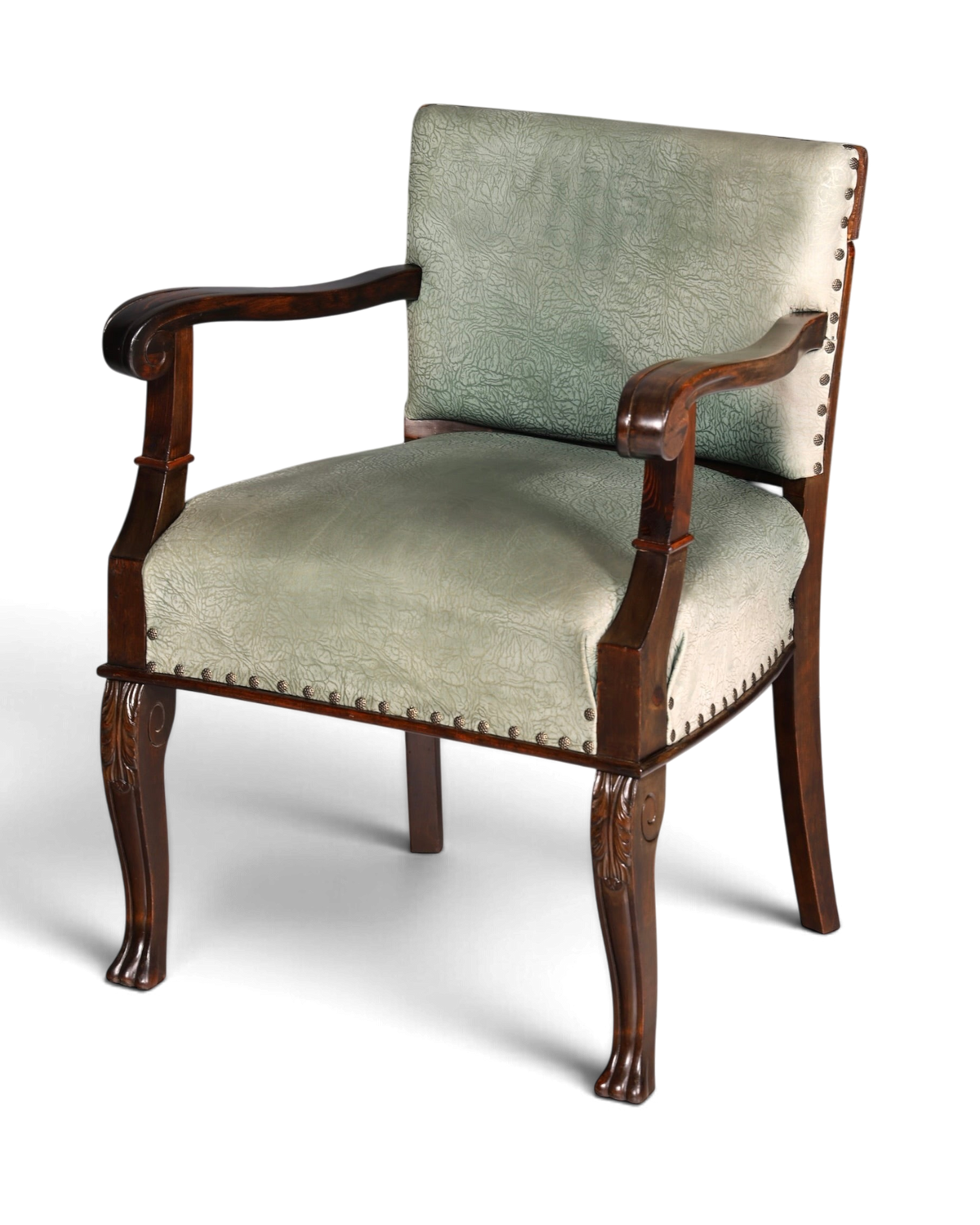Hauptstadt Möblerei Neorenaissance Armlehnsessel aus Eichenholz mit hellgrünem Stoffbezug und Ziernägeln