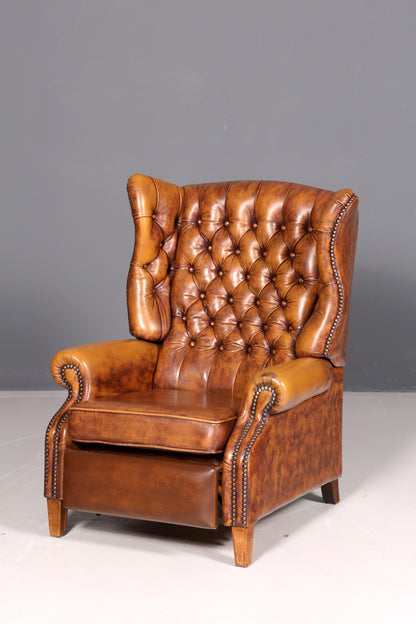 Wunderschöner Original Chesterfield Ohrenbackensessel Englisch Echt Leder Herrensessel Relaxsessel Liegefunktion Vintage