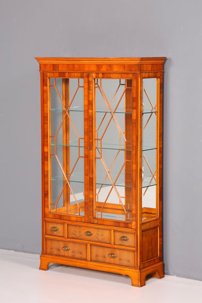 Beautiful Original Heldense Display Cabinet, English Yew Bookcase, Glass Cabinet with Lighting, Antique