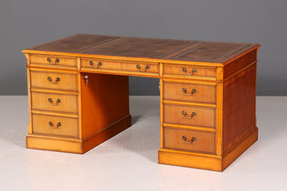 Beautiful English Yew Desk with Genuine Leather Top, Antique Style, Executive Desk, Office Desk, Desk, Partner Desk
