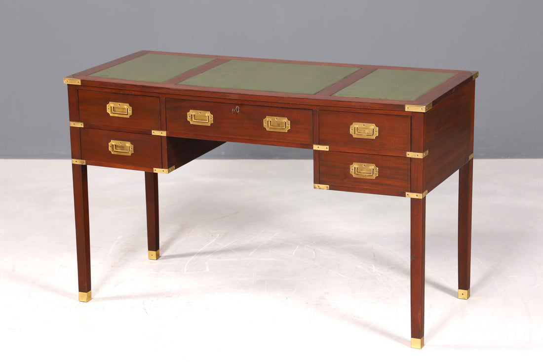 F945 Finish Edler Maritimer Schreibtisch Englischer Military Chest Bürotisch Office Table mit echt Lederauflage