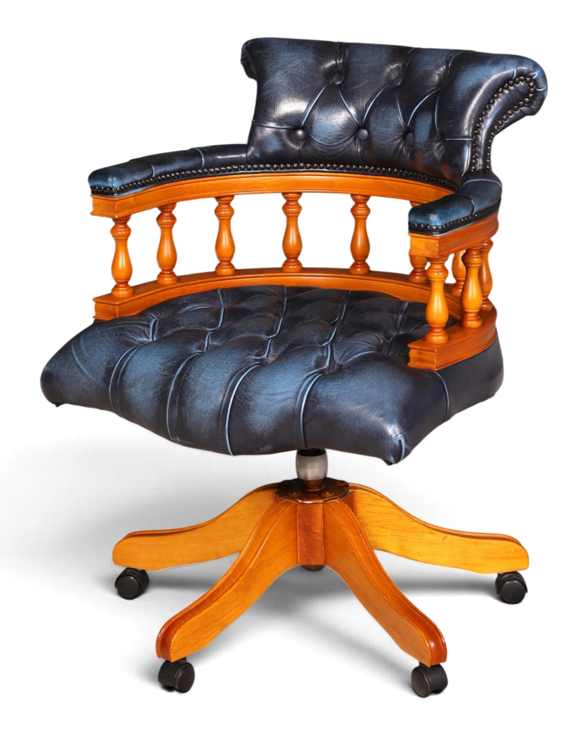Elegant English Chesterfield Captain Chair Leather Blue Office Chair Swivel Chair Desk Chair