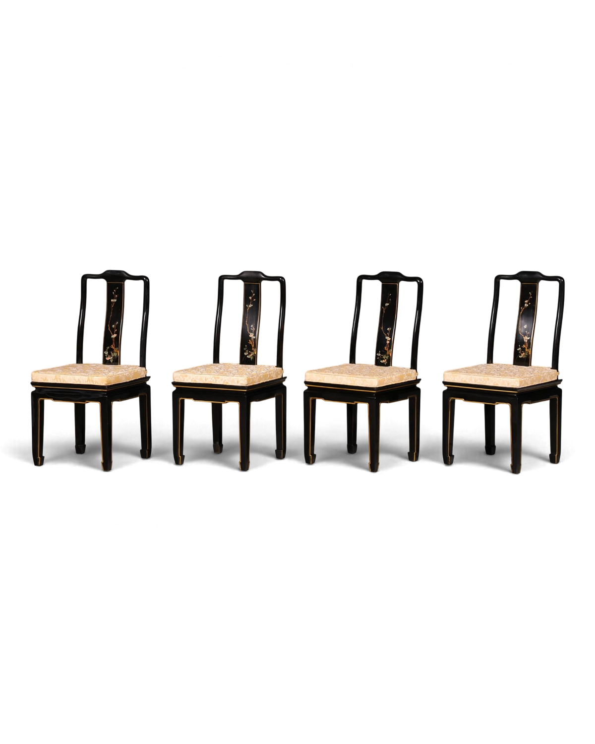 4x Edle asiatische Esszimmerstühle Schwarz Lack Chinoiserie Stühle mit Blütendekor Stuhl Set