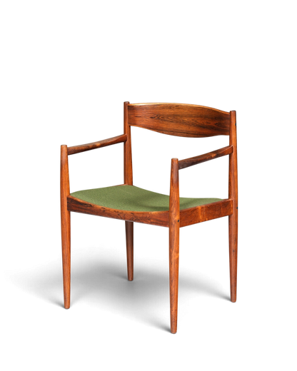 Hauptstadt Möblerei Mid Century Armlehnstuhl von Henry W. Klein für Bramin aus Holz mit grünem Sitzpolster