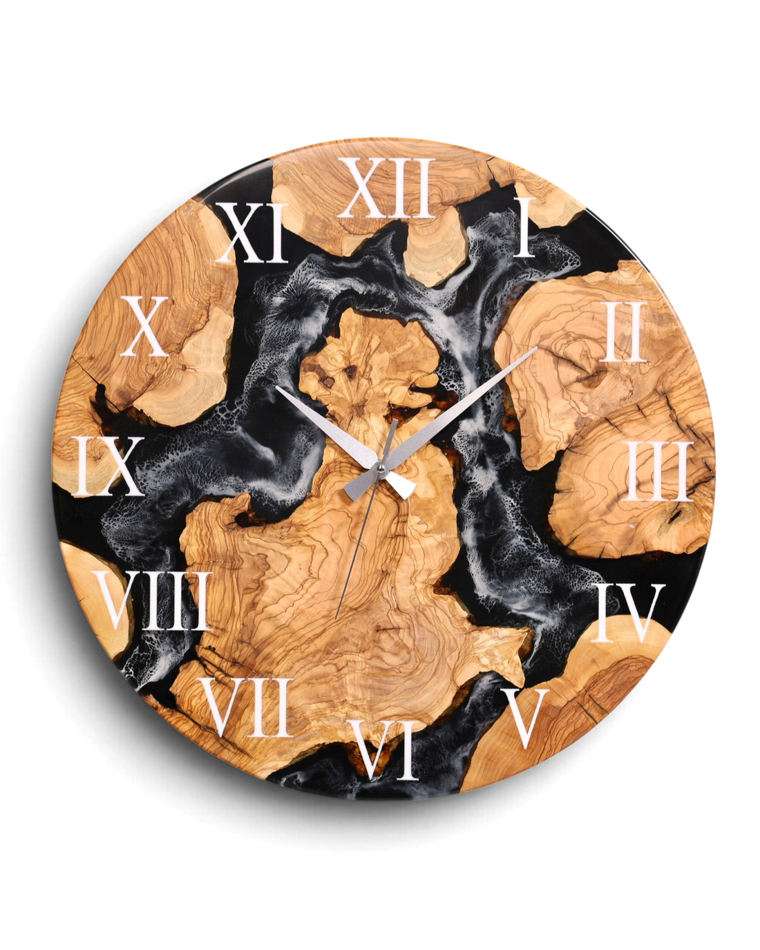 Wunderschöne Handgefertigte Epoxidharz Wanduhr Olivenbaum Uhr Black Epoxy Analog Uhr