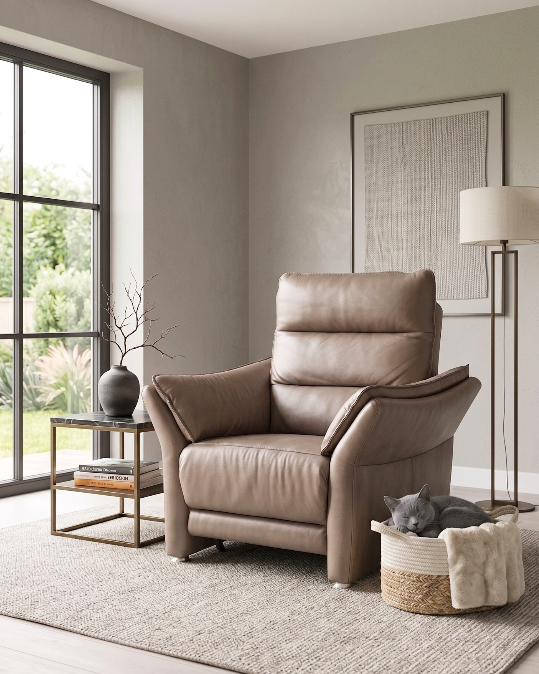 Beautiful Modern Taupe Leather Armchair Genuine Leather Recliner Lounge Chair Upholstered Armchair Club Chair Vintage