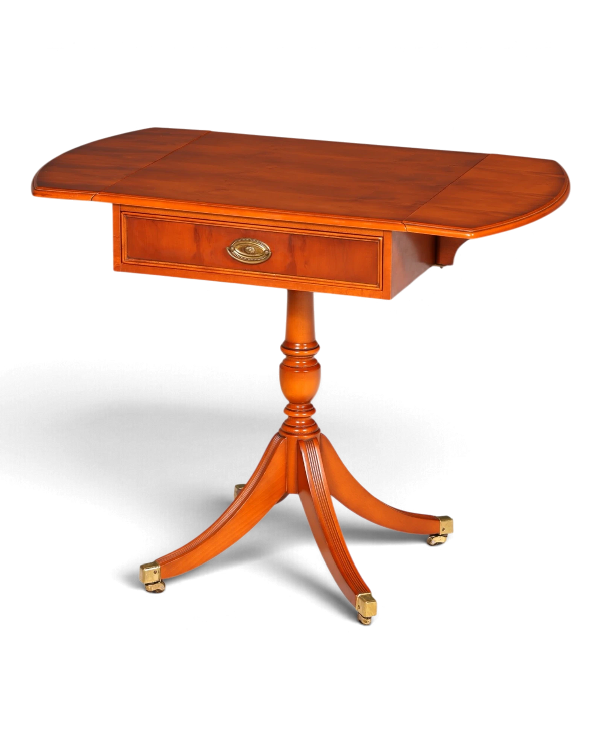 Stunning English folding yew Pembroke table, side table, occasional table with drawer on casters, vintage