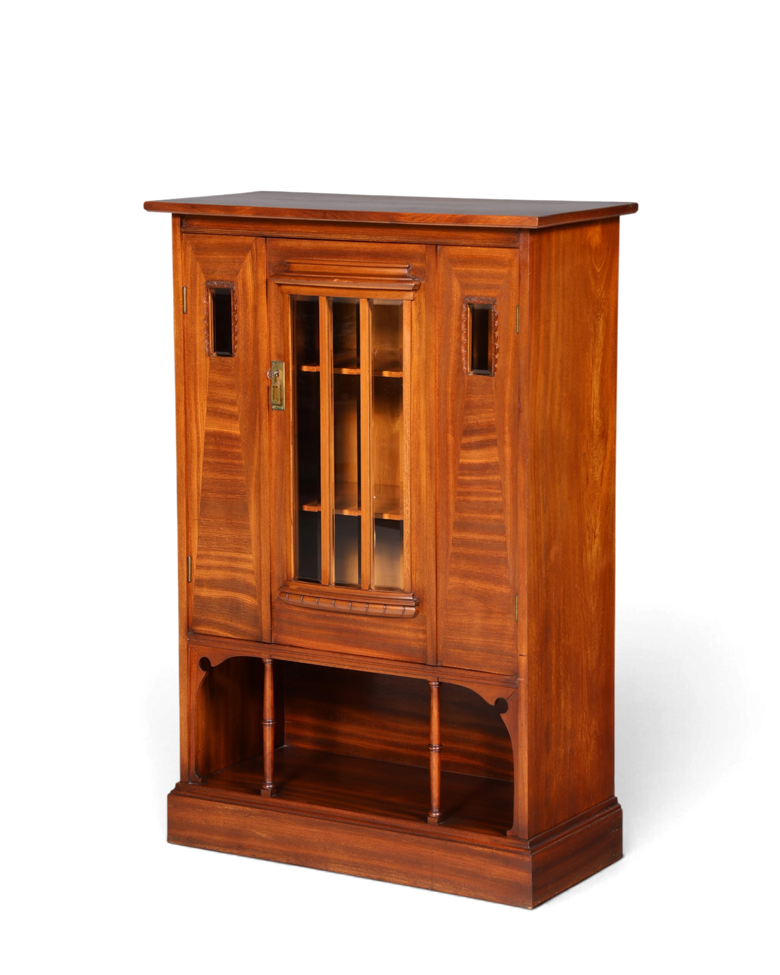Hauptstadt Möblerei Jugendstil Vitrine aus massivem Eichenholz mit Glastür und offenem Ablagefach im antiken Design