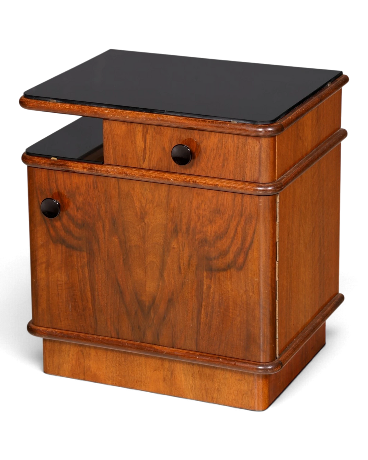 Eleganter Art Deco Nachttisch Jindřich Halabala UP Závody schwarze Glasplatte Nachtschrank Nachtkonsole 1 von 2