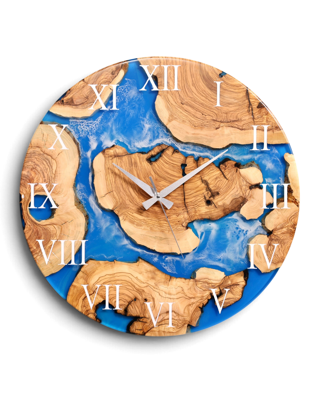 Wunderschöne Handgefertigte Epoxidharz Wanduhr Olivenbaum Blue Sea Uhr Epoxy Analog Uhr