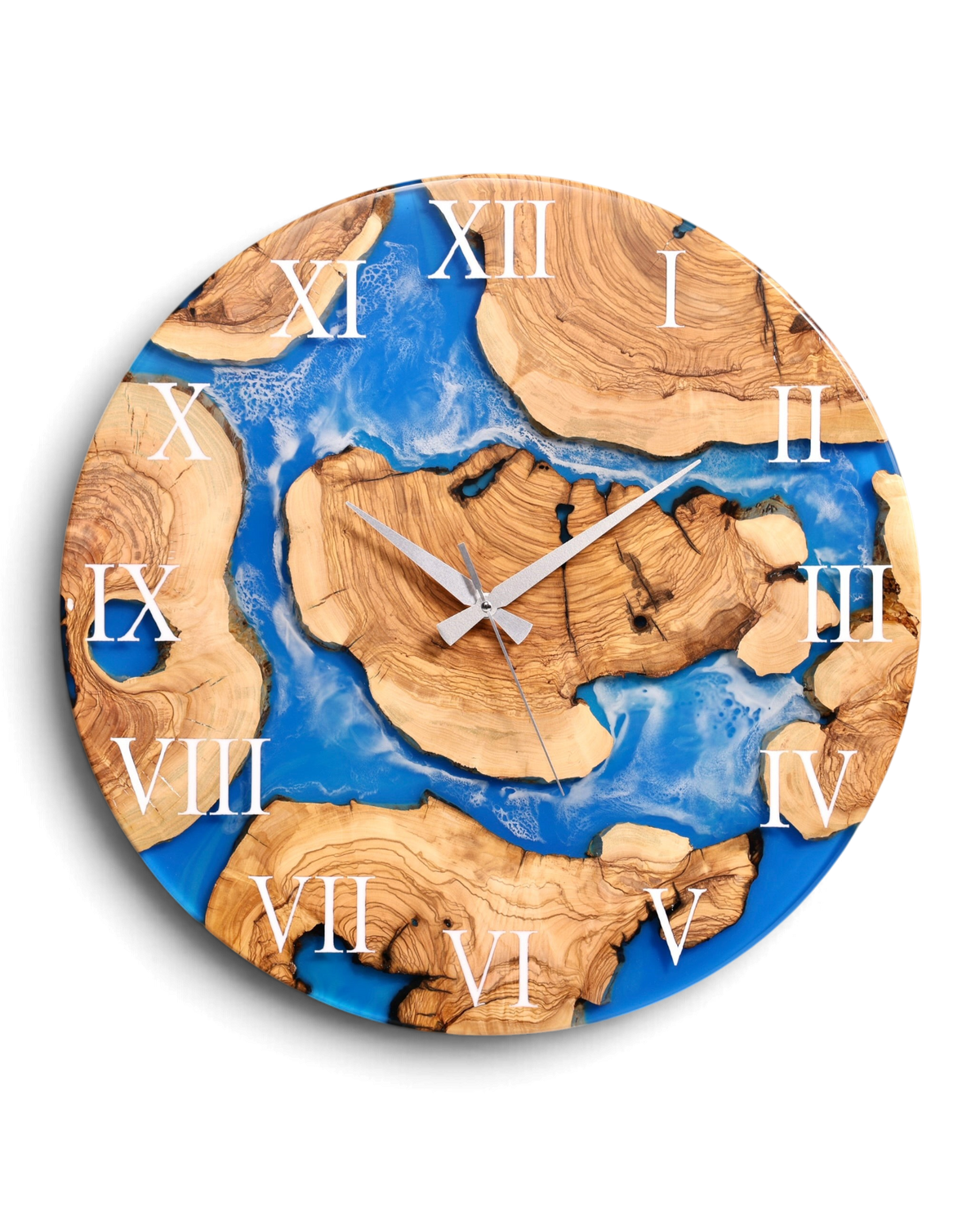 Epoxidharz Wanduhr Olivenbaum Blue Sea Analog Uhr – Hauptstadt Möblerei Berlin