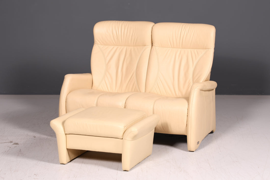 Elegant Himolla Cumuly 2-seater leather sofa with footstool Genuine leather Cream recliner sofa Couch Sofa Vintage