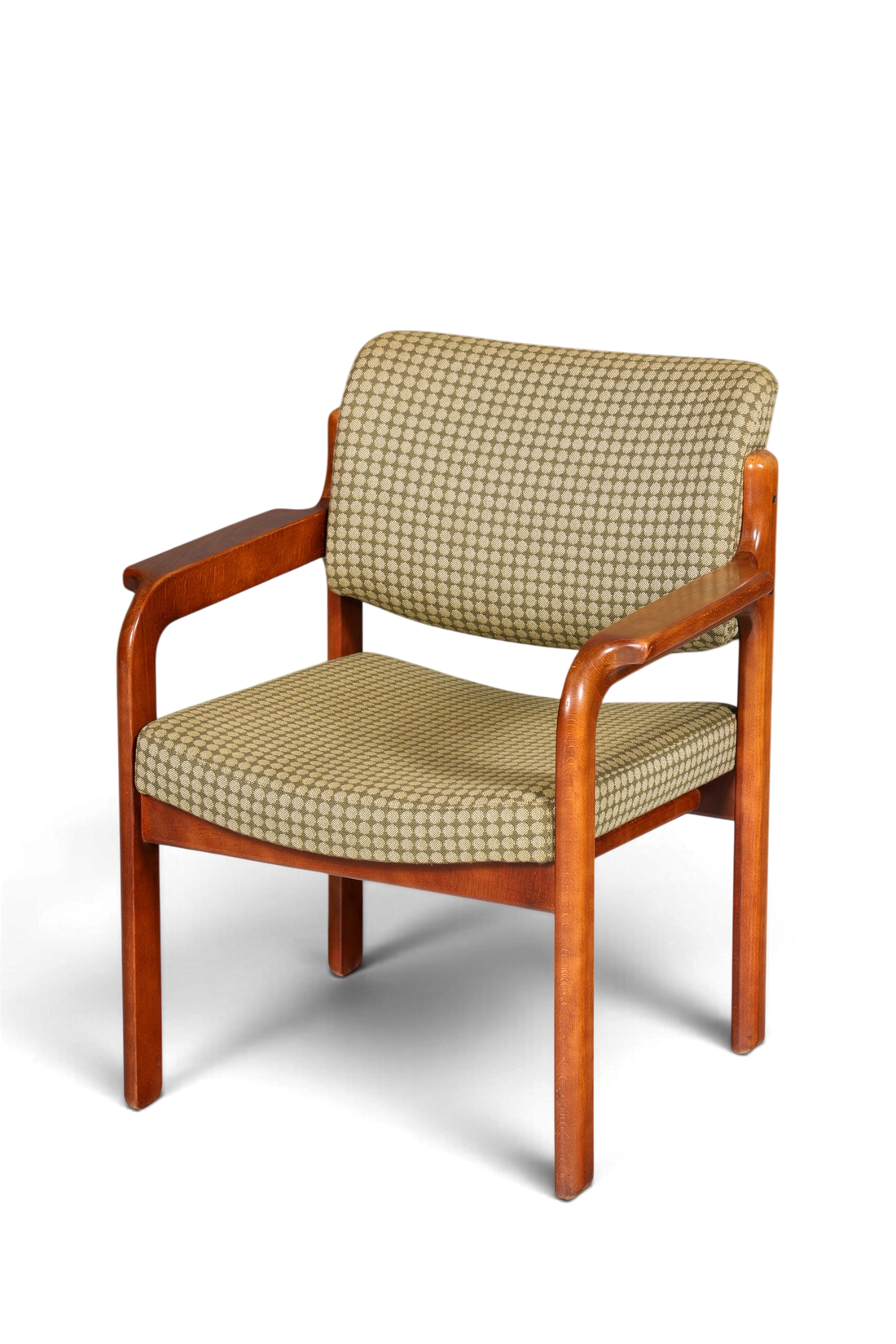 Hauptstadt Möblerei Mid Century Armlehnstuhl aus Holz mit gemustertem Stoffbezug im Vintage-Stil