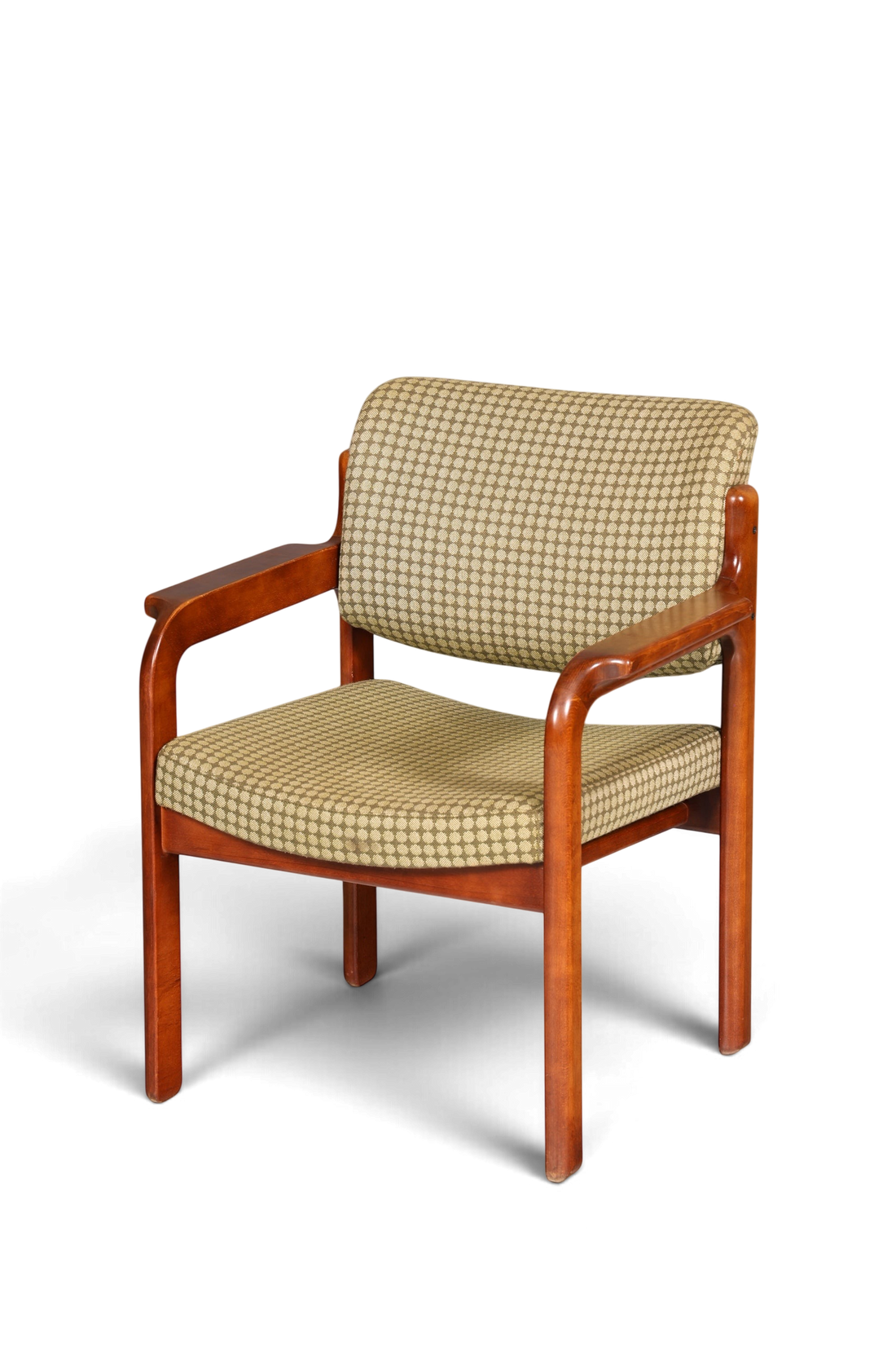 Hauptstadt Möblerei Mid Century Armlehnstuhl aus Holz mit gemustertem Stoffbezug in Beige und Grün