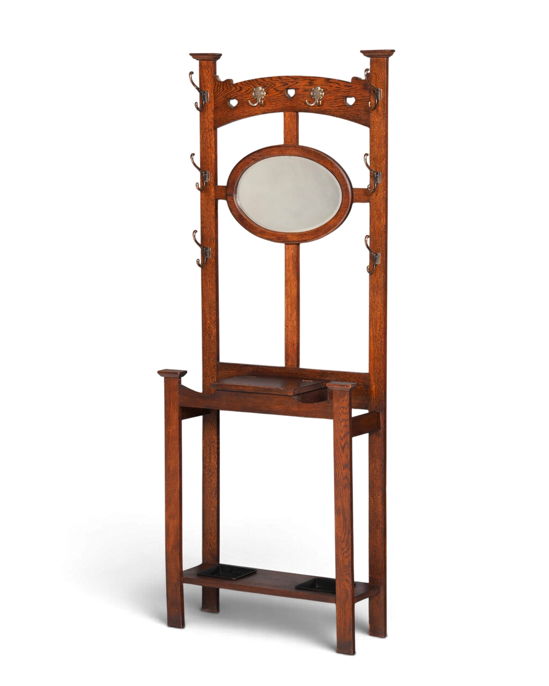 Hauptstadt Möblerei Jugendstil Garderobe aus Eiche mit ovalem Spiegel, Messinghaken und integriertem Schirmständer