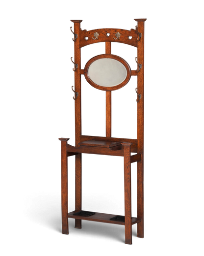 Hauptstadt Möblerei Jugendstil Garderobe aus Eiche mit ovalem Spiegel, Messinghaken und integriertem Schirmständer