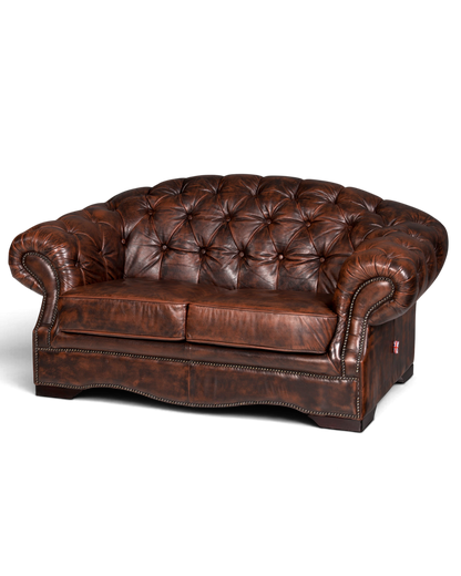 Hauptstadt Möblerei Chesterfield Centurion 2-Sitzer Sofa aus braunem Echtleder mit Knopfheftung und Ziernägeln