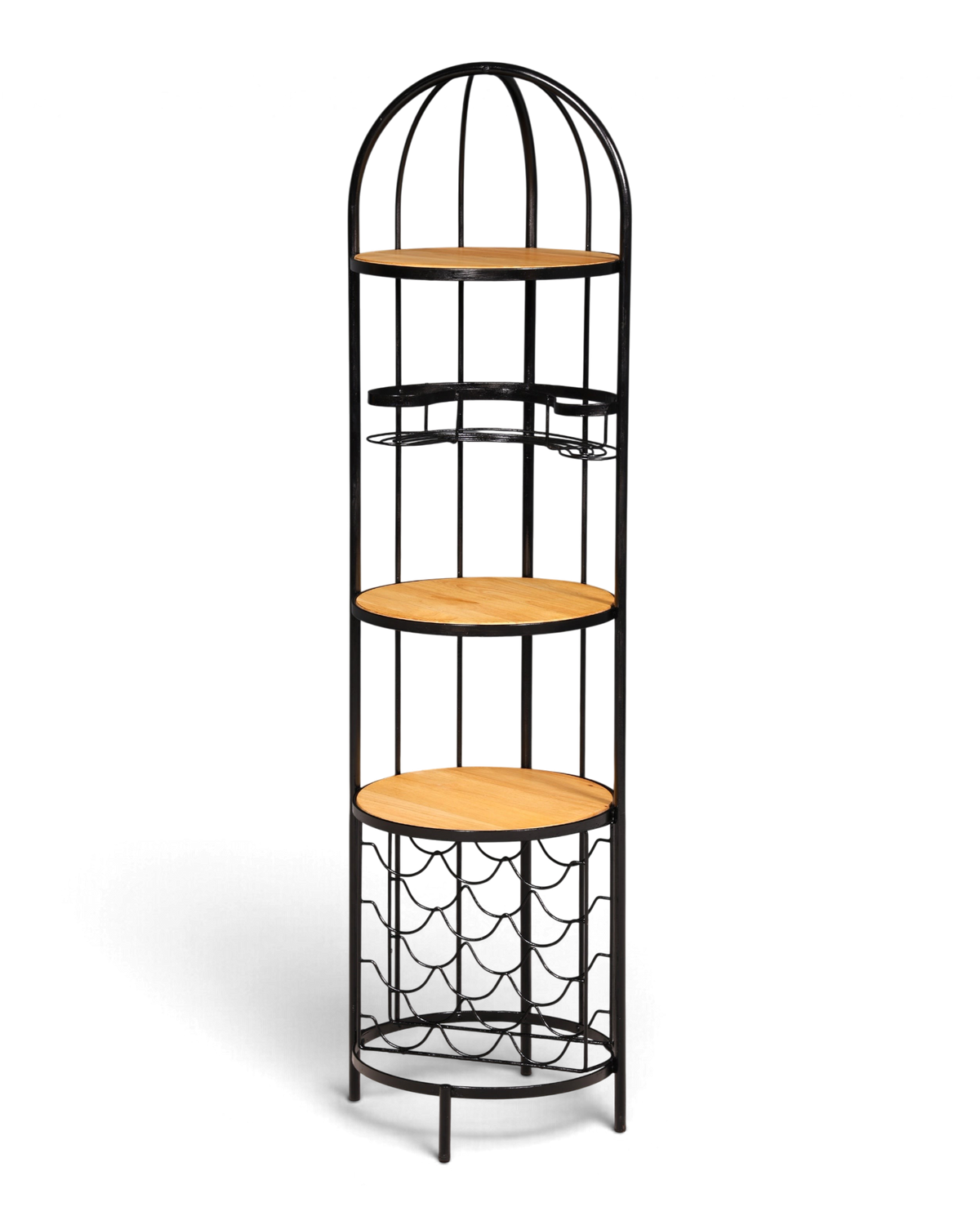 Hauptstadt Möblerei H939 Regal mit schwarzem Metallrahmen und runden Holzböden im Vintage-Käfig-Design
