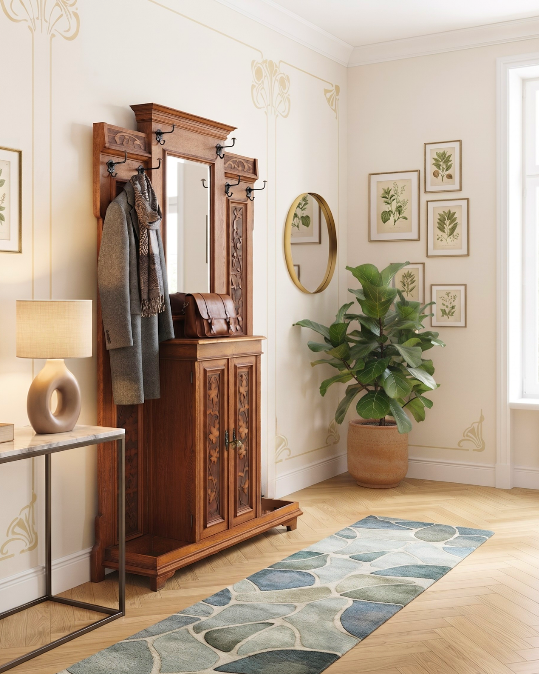 Traumhafte Jugendstil Garderobe Flurgarderobe Eiche Antik Kleiderwand mit Spiegel Dielenmöbel Wandgarderobe