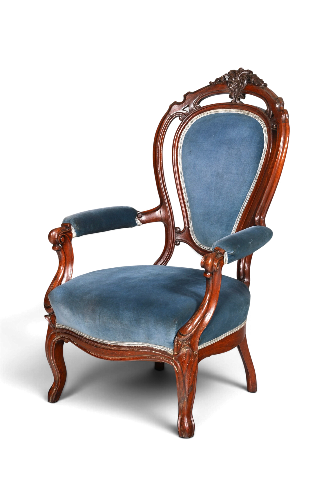 Hauptstadt Möblerei Louis Philippe Sessel im Biedermeier Stil mit blauem Samtbezug und dunklem Holzrahmen