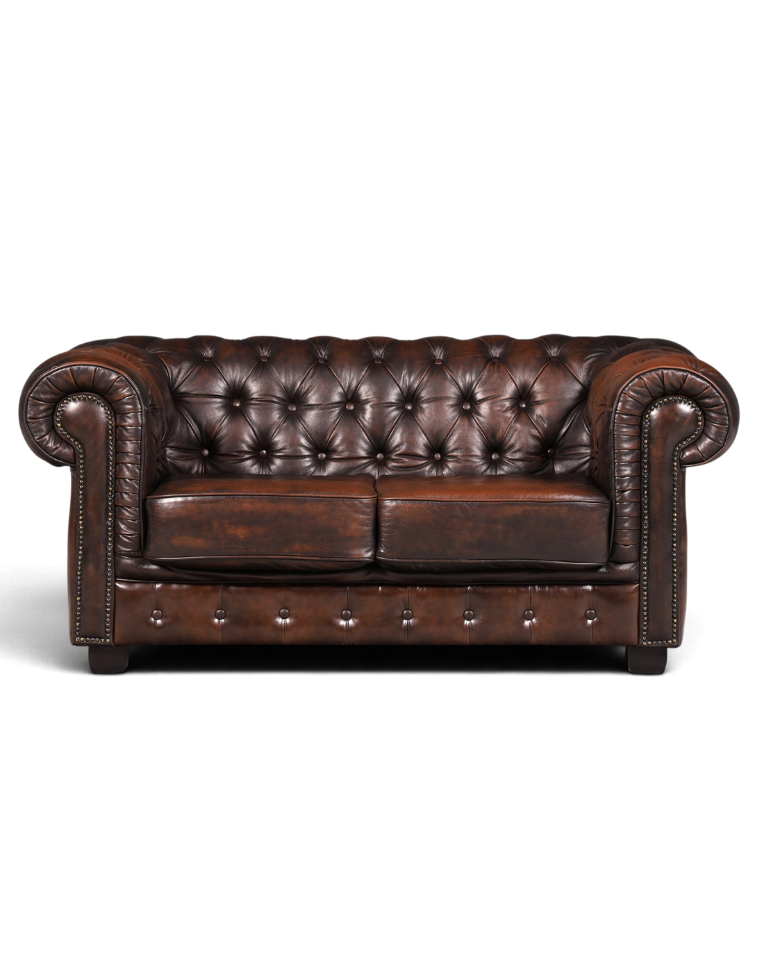 Hauptstadt Möblerei Chesterfield 2-Sitzer Sofa aus braunem Echtleder mit klassischer Knopfheftung und Nieten