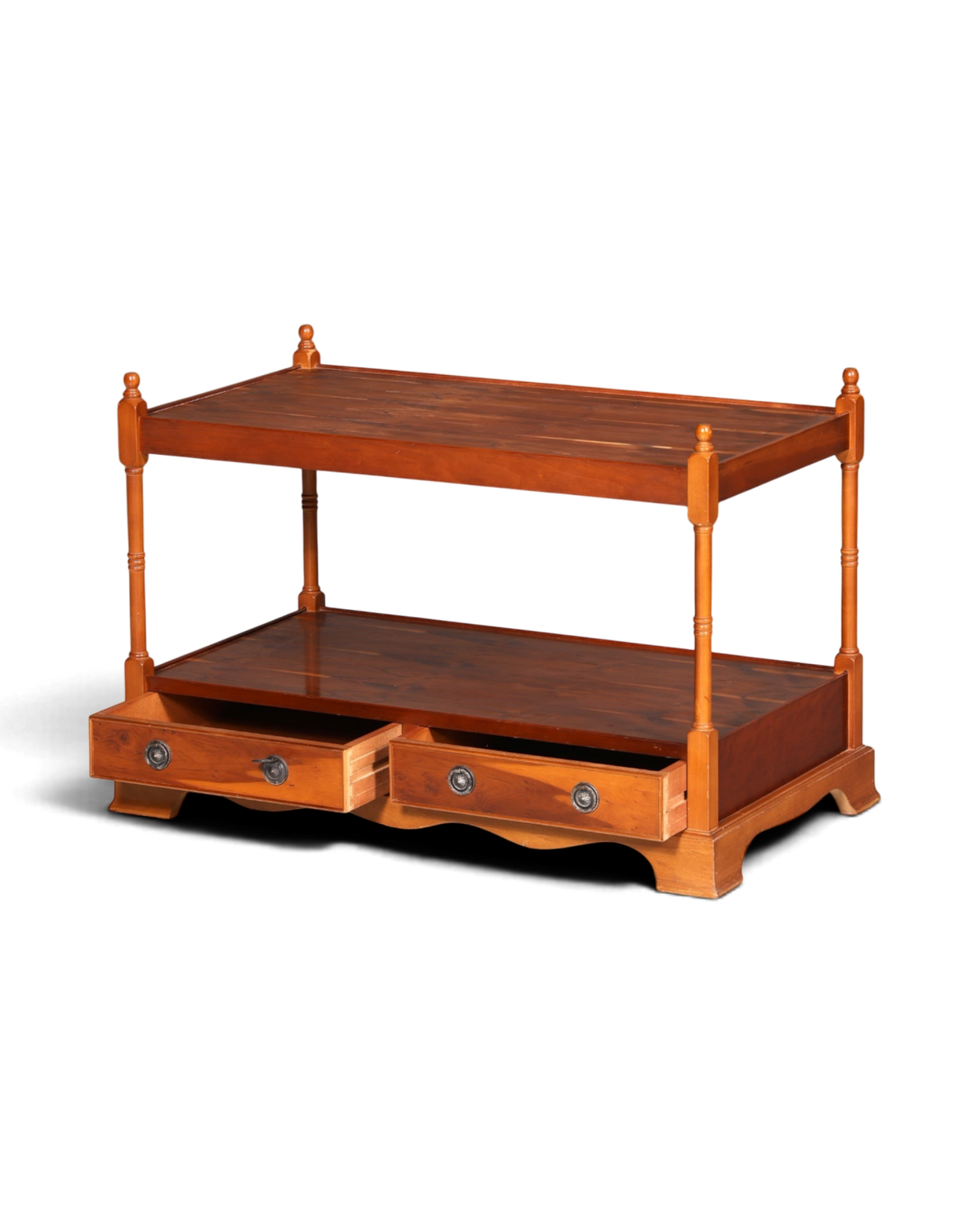 Hauptstadt Möblerei antika İngiliz tarzı iki katlı ebe ağacı yan sehpa, çekmeceli ve dekoratif sütunlu tasarım.