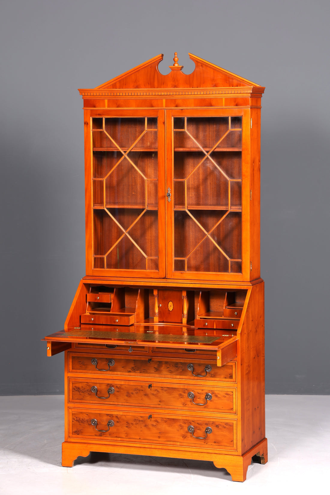 Stylish English secretary desk, office desk, yew wood, antique style, genuine leather top, display cabinet, UK