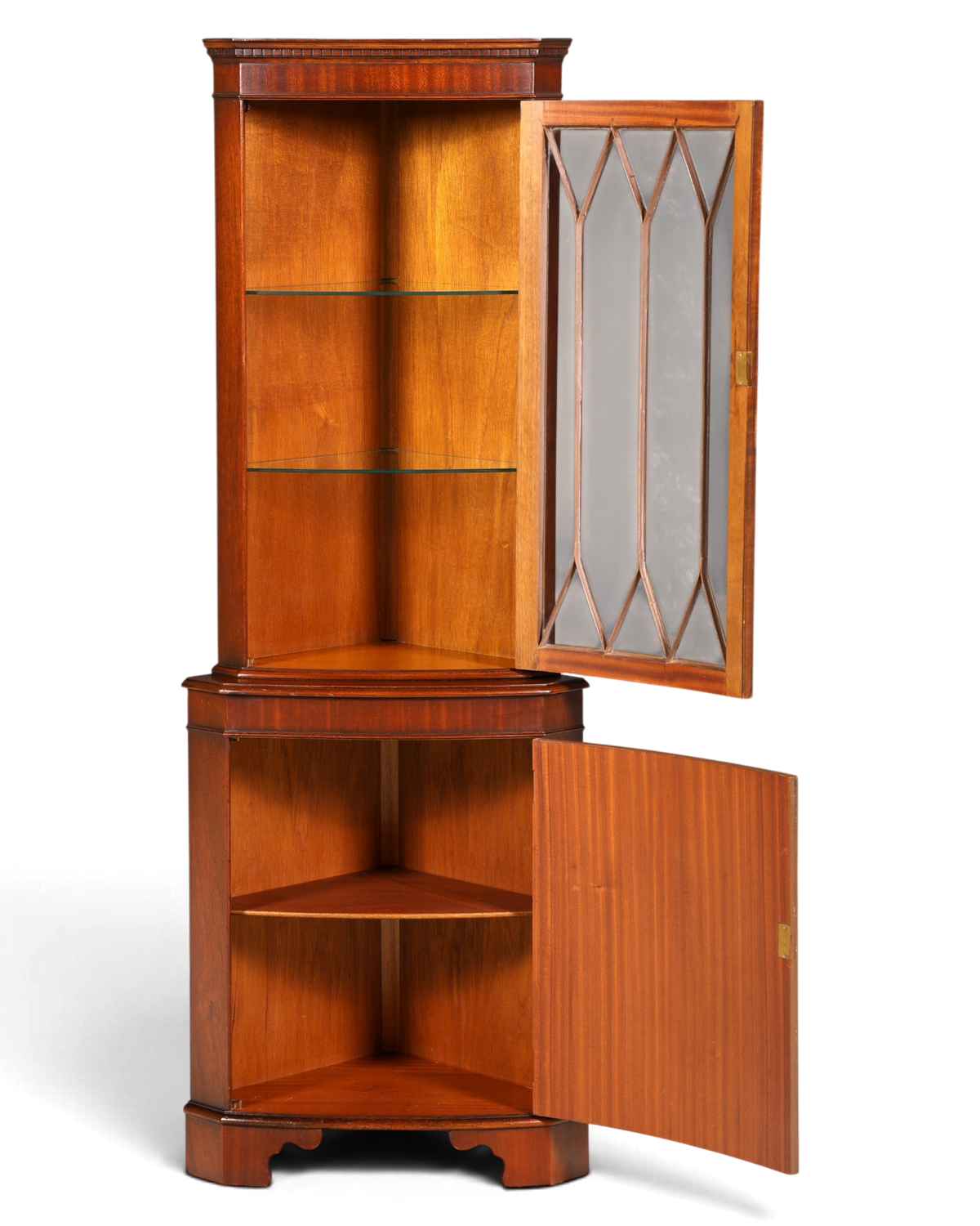 G028 Finish cm Wunderschöne Englische Eckvitrine Mahagoni Antik 60s echt Holz Schrank Eckschrank Glasvitrine