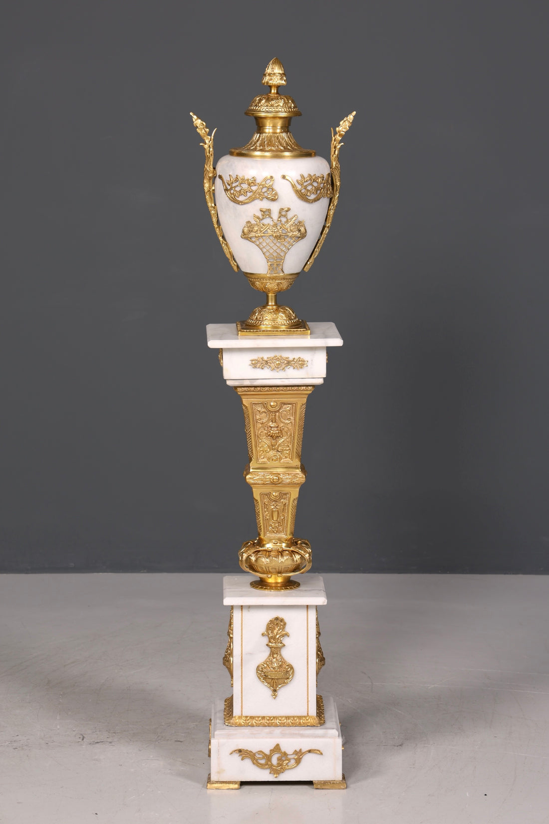 Beautiful Baroque style column with vase, Louis XV marble flower column, white natural stone base and shelf