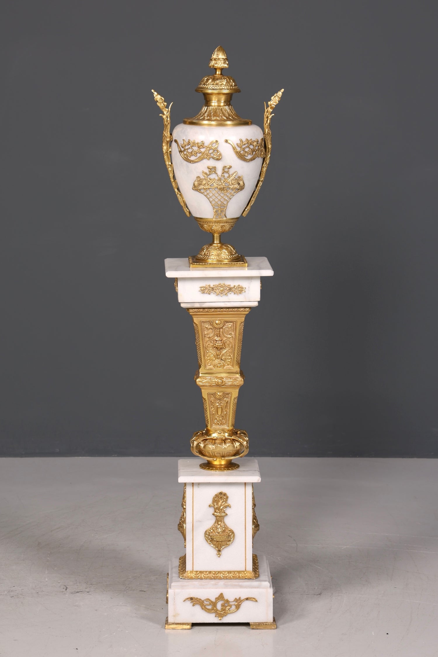 Beautiful Baroque style column with vase, Louis XV marble flower column, white natural stone base and shelf